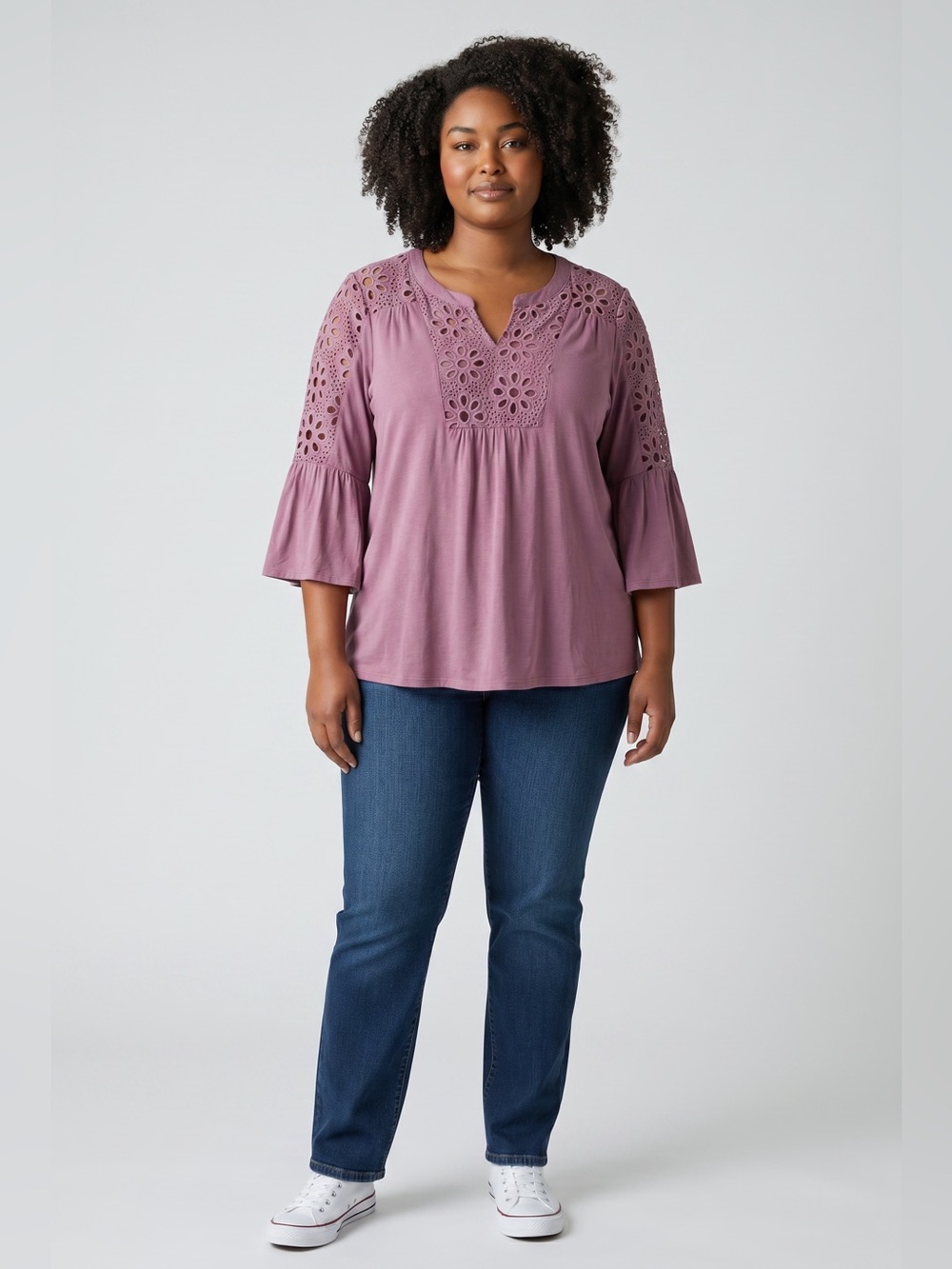 Style & Co Bell Sleeve Eyelet Detail Top // Purple // Small Petite